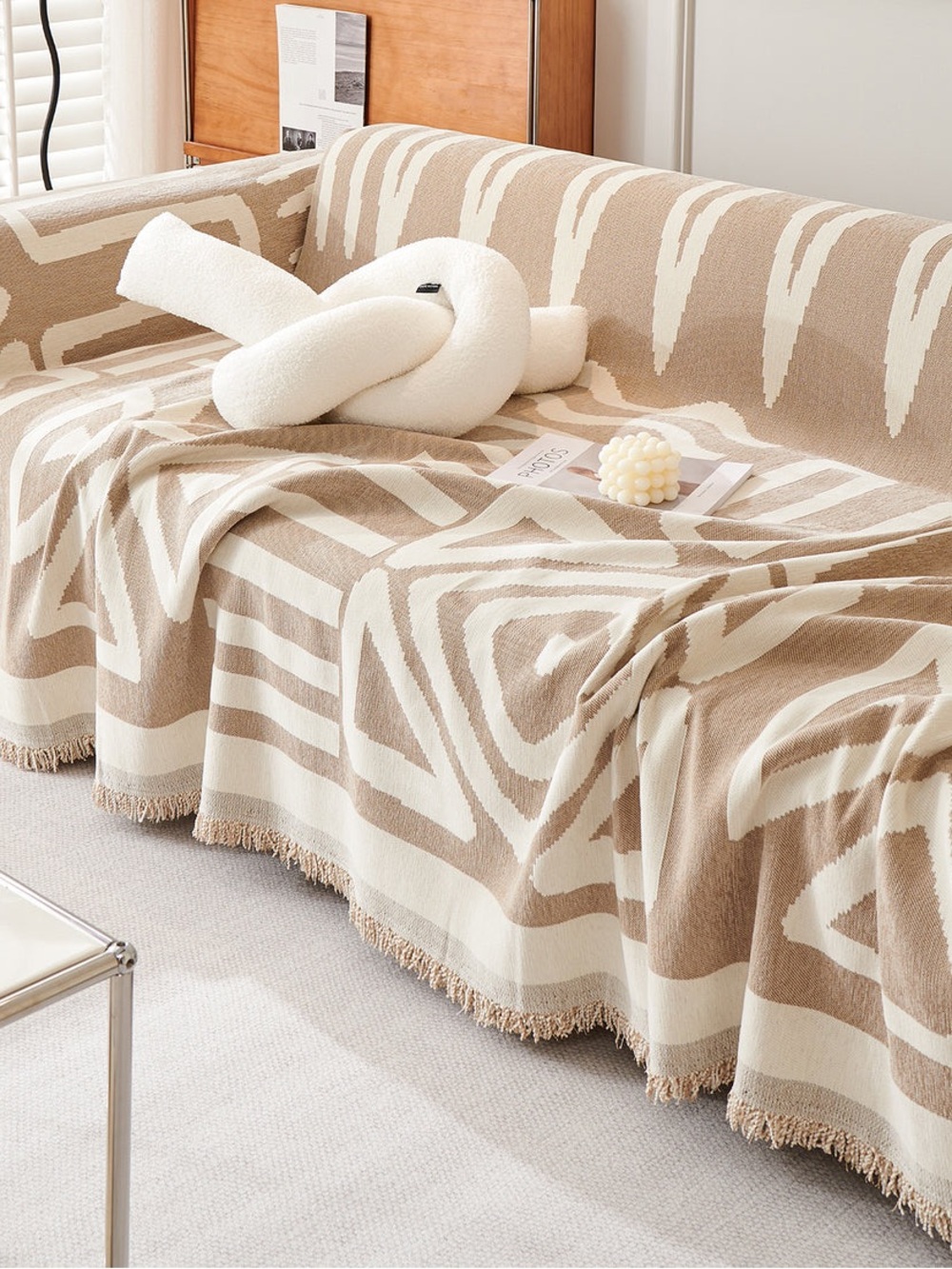 Chenille Sofa Cover - Khaki, Washable, Reversible Couch Slipcover
